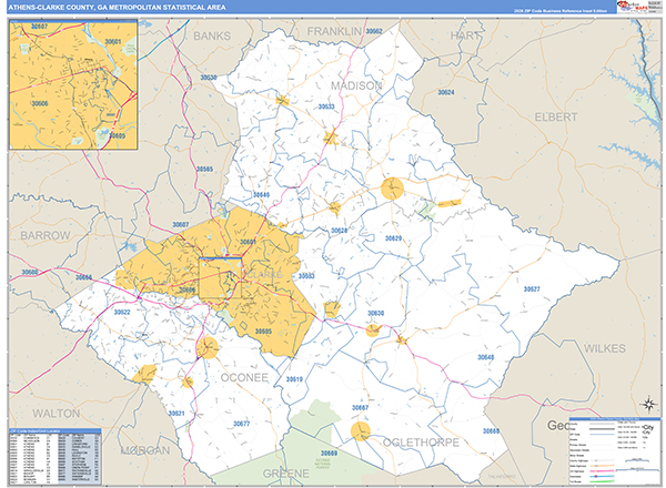 Athens-Clarke County Metro Area Wall Map Basic Style